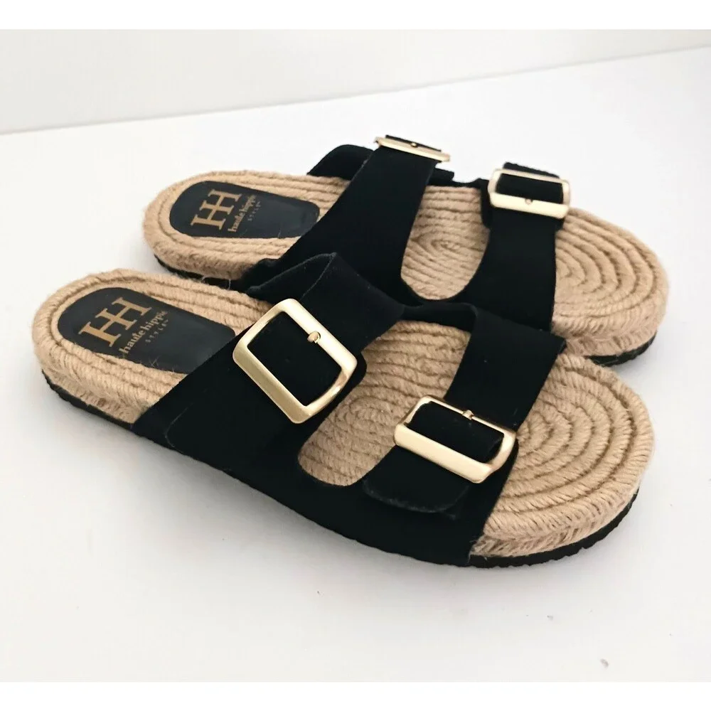 NEW Haute Hippie Blk Suede Straps Gold Buckle Flat Espadrille Slides 8.5M